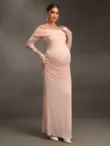 Cheriluna Maternity Maternity Mesh Lace Red Summer Maternity Photography Dress Photoshoot Maternity Maternity Elegant - Pink - View 6