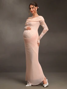 Cheriluna Maternity Maternity Mesh Lace Red Summer Maternity Photography Dress Photoshoot Maternity Maternity Elegant - Pink - View 4