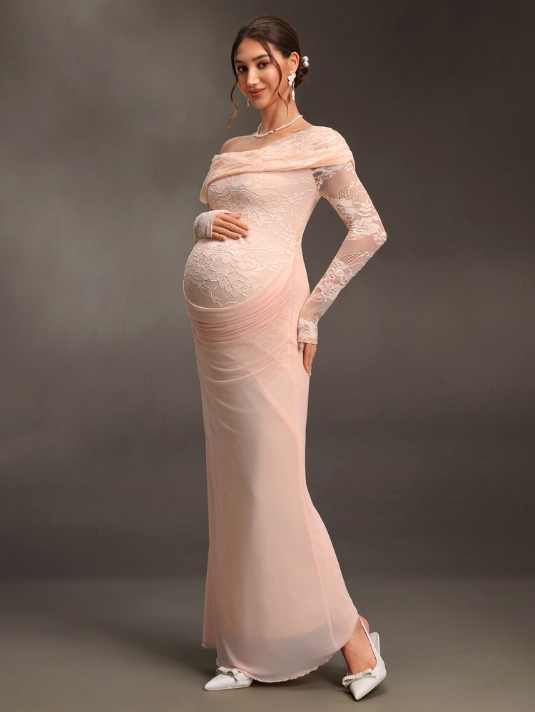 Cheriluna Maternity 孕婦紅色網紗蕾絲夏季攝影禮服，優雅孕婦拍照裙 - 粉色 - 查看 4