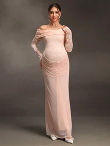 Cheriluna Maternity Maternity Mesh Lace Red Summer Maternity Photography Dress Photoshoot Maternity Maternity Elegant - Pink - View 8
