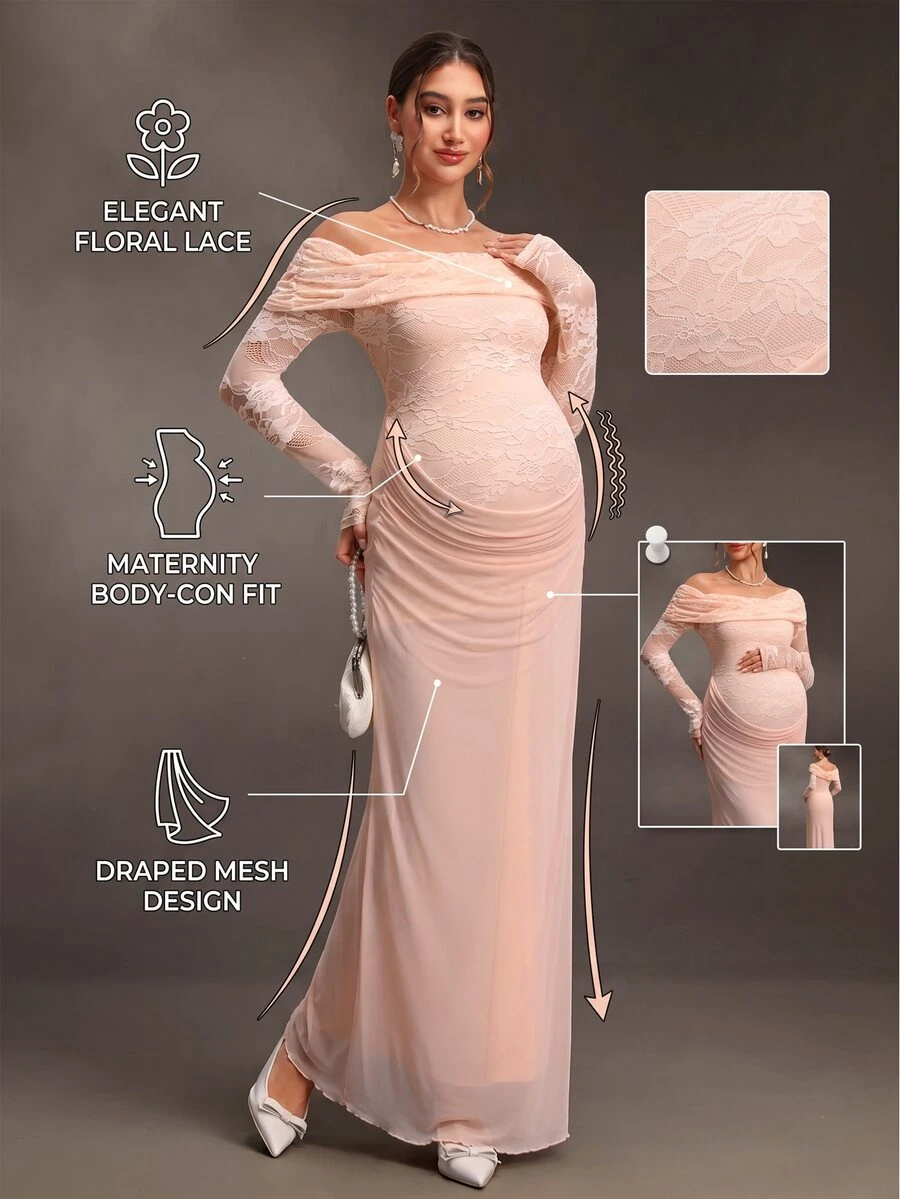 Cheriluna Maternity Maternity Mesh Lace Red Summer Maternity Photography Dress Photoshoot Maternity Maternity Elegant - Pink - View 1