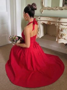 Glamine Charm 女款復古浪漫優雅紅色V領無袖大擺裙洋裝，適合婚禮、晚餐約會、公司正式場合與夏季婚禮 - 紅色 - 查看 2