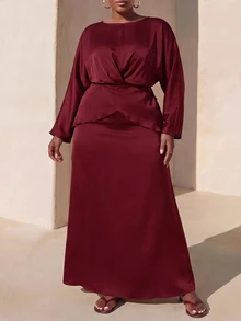 Zivah Plus Size Women's Burgundy Winter Elegant Formal Wedding Guest Outfit, V-Neck Long Sleeve Top And Straight Long Skirt 2-Piece Set,Evening Party Fall - Burgundy - View 2