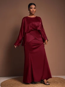 Zivah Plus Size Women's Burgundy Winter Elegant Formal Wedding Guest Outfit, V-Neck Long Sleeve Top And Straight Long Skirt 2-Piece Set,Evening Party Fall - Burgundy - View 7