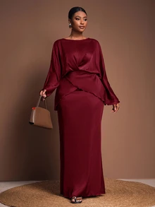 Zivah Plus Size Women's Burgundy Winter Elegant Formal Wedding Guest Outfit, V-Neck Long Sleeve Top And Straight Long Skirt 2-Piece Set,Evening Party Fall - Burgundy - View 8