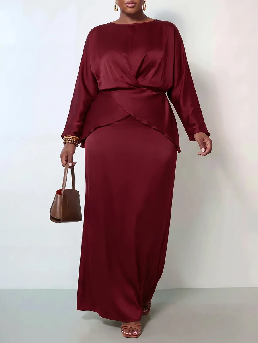 Zivah Plus Size Women's Burgundy Winter Elegant Formal Wedding Guest Outfit, V-Neck Long Sleeve Top And Straight Long Skirt 2-Piece Set,Evening Party Fall - Burgundy - View 1
