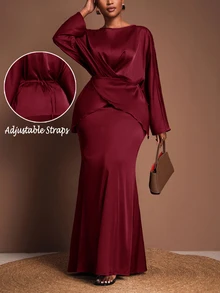 Zivah Plus Size Women's Burgundy Winter Elegant Formal Wedding Guest Outfit, V-Neck Long Sleeve Top And Straight Long Skirt 2-Piece Set,Evening Party Fall - Burgundy - View 3
