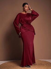 Zivah Plus Size Women's Burgundy Winter Elegant Formal Wedding Guest Outfit, V-Neck Long Sleeve Top And Straight Long Skirt 2-Piece Set,Evening Party Fall - Burgundy - View 6