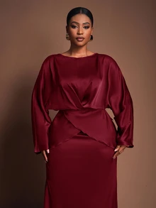 Zivah Plus Size Women's Burgundy Winter Elegant Formal Wedding Guest Outfit, V-Neck Long Sleeve Top And Straight Long Skirt 2-Piece Set,Evening Party Fall - Burgundy - View 9
