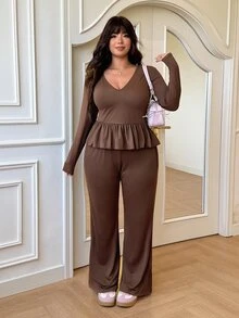 GalTyme Plus Size Women Solid Color Ruffle Hem Long Sleeve T-Shirt And Pants Casual 2 Pieces Set Fall - Brown - View 3