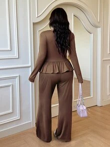 GalTyme Plus Size Women Solid Color Ruffle Hem Long Sleeve T-Shirt And Pants Casual 2 Pieces Set Fall - Brown - View 2
