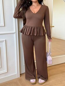 GalTyme Plus Size Women Solid Color Ruffle Hem Long Sleeve T-Shirt And Pants Casual 2 Pieces Set Fall - Brown - View 5
