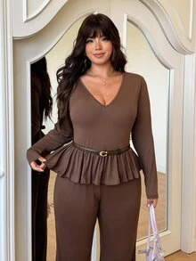 GalTyme Plus Size Women Solid Color Ruffle Hem Long Sleeve T-Shirt And Pants Casual 2 Pieces Set Fall - Brown - View 4