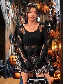 SHEIN EZwear Plus Size Fashion Sexy Grunge 90s Hollow Knit Sweater Halloween Concert Going Out Black Autumn Fall - Black - View 4