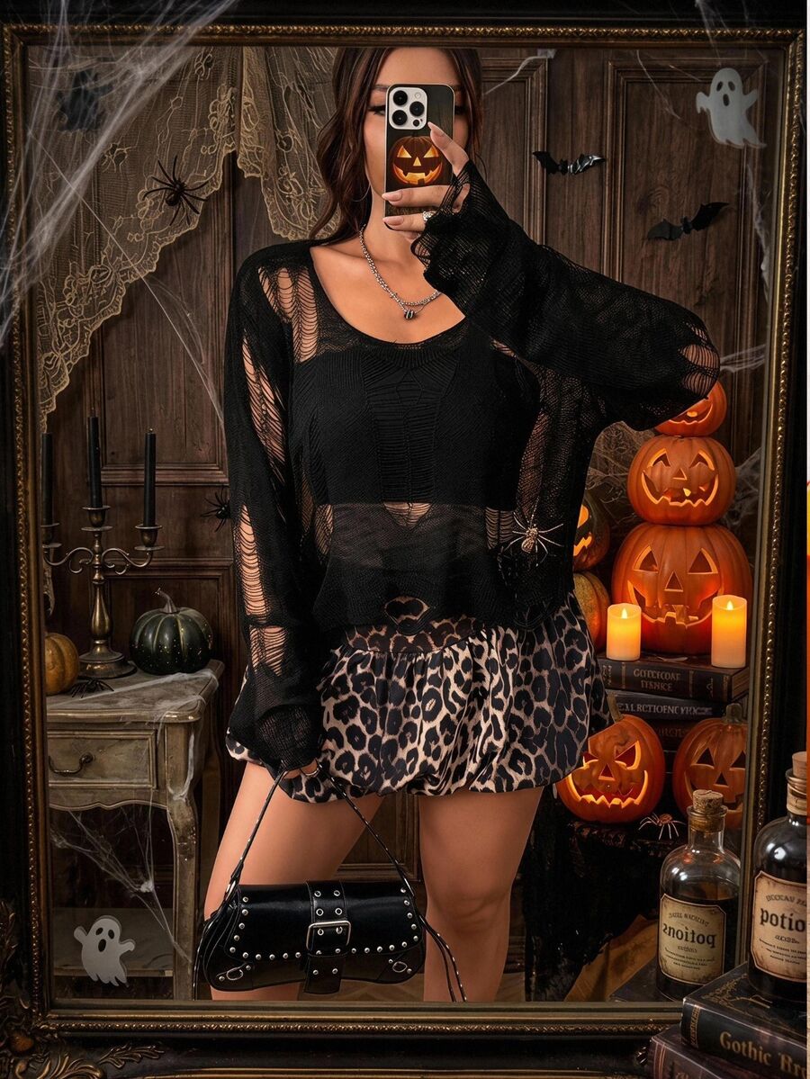 SHEIN EZwear Plus Size Fashion Sexy Grunge 90s Hollow Knit Sweater Halloween Concert Going Out Black Autumn Fall - Black - View 1
