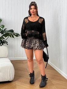 SHEIN EZwear Plus Size Fashion Sexy Grunge 90s Hollow Knit Sweater Halloween Concert Going Out Black Autumn Fall - Black - View 3