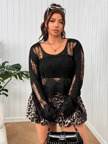 SHEIN EZwear Plus Size Fashion Sexy Grunge 90s Hollow Knit Sweater Halloween Concert Going Out Black Autumn Fall - Black - View 5