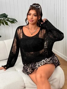 SHEIN EZwear Plus Size Fashion Sexy Grunge 90s Hollow Knit Sweater Halloween Concert Going Out Black Autumn Fall - Black - View 7