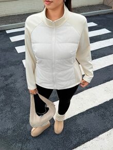 Muchica 大尺碼女款插肩袖長袖前拉鍊休閒冬季夾克，彈性腰口袋拼接夾克，秋冬季 - 杏色 - 查看 8