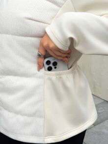 Muchica 大尺碼女款插肩袖長袖前拉鍊休閒冬季夾克，彈性腰口袋拼接夾克，秋冬季 - 杏色 - 查看 6