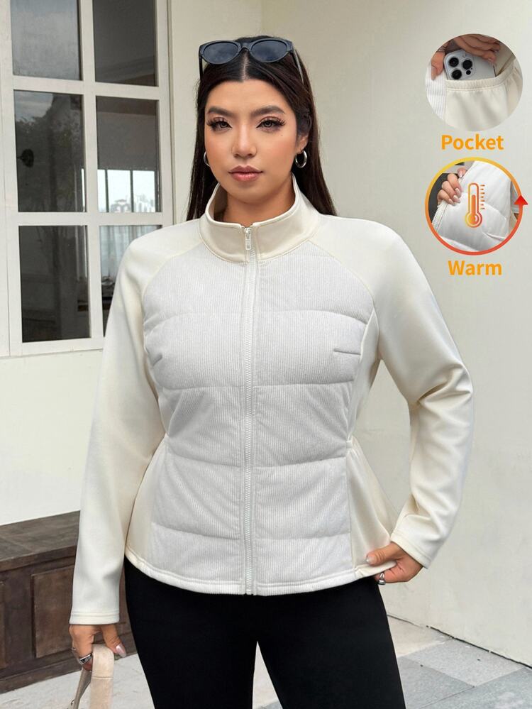 Muchica Plus Size Women's Raglan Long Sleeve Zipper Front Casual Winter Jacket,Elastic Waist Pockets Patchwork Jacket, Autumn/Winter Fall - Apricot - View 3