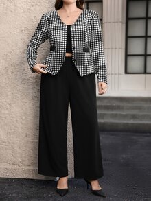 Chikora Ditambah Jaket Motif Houndstooth & Celana Panjang Lebar untuk Musim Gugur - Hitam dan Putih - View 5