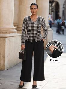 Chikora Ditambah Jaket Motif Houndstooth & Celana Panjang Lebar untuk Musim Gugur - Hitam dan Putih - View 8
