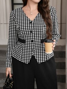 Chikora Ditambah Jaket Motif Houndstooth & Celana Panjang Lebar untuk Musim Gugur - Hitam dan Putih - View 6