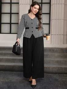 Chikora Ditambah Jaket Motif Houndstooth & Celana Panjang Lebar untuk Musim Gugur - Hitam dan Putih - View 4