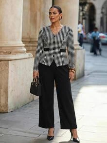 Chikora Ditambah Jaket Motif Houndstooth & Celana Panjang Lebar untuk Musim Gugur - Hitam dan Putih - View 1
