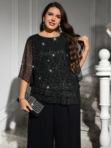 SHEIN Clasi Plus Size Fashion Party Glitter Top & Pants 2 Pieces Set - Black - View 2