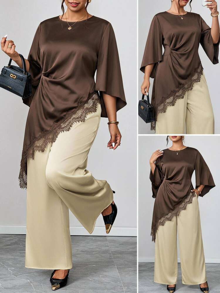 Chikora Plus Contrast Lace Asymmetrical Hem Satin Top & Wide Leg Pants Set - Multicolor - View 5