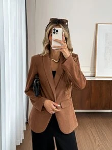 Easowa 女款麂皮感鈕扣收腰西裝外套，休閒寬鬆優雅通勤老錢風，秋冬款 - 巧克力棕 - 查看 4