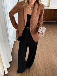 Easowa 女款麂皮感鈕扣收腰西裝外套，休閒寬鬆優雅通勤老錢風，秋冬款 - 巧克力棕 - 查看 2