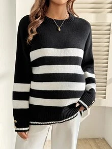 SHEIN Sweater Hamil Kasual Motif Garis-Garis Blok Warna, Musim Gugur/Dingin - Hitam - View 3