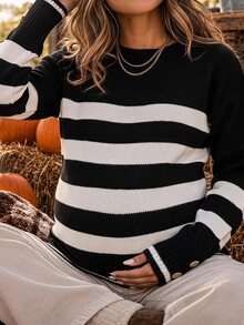 SHEIN Sweater Hamil Kasual Motif Garis-Garis Blok Warna, Musim Gugur/Dingin - Hitam - View 1