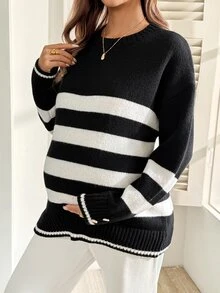 SHEIN Sweater Hamil Kasual Motif Garis-Garis Blok Warna, Musim Gugur/Dingin - Hitam - View 4