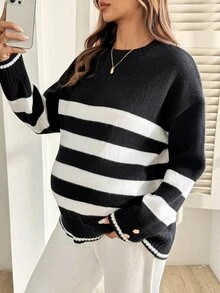 SHEIN Sweater Hamil Kasual Motif Garis-Garis Blok Warna, Musim Gugur/Dingin - Hitam - View 7