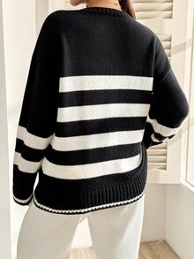 SHEIN Sweater Hamil Kasual Motif Garis-Garis Blok Warna, Musim Gugur/Dingin - Hitam - View 8