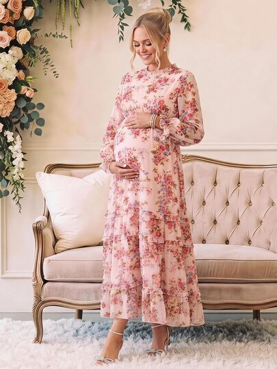 Loomaby Maternity Floral Print Long Sleeve Elegant Romance Sexy Ruffle Hem Dress, Gender Reveal, Baby Shower Autumn Photoshoot Pink