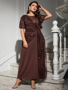 Reflora Plus Size Women's Sequin Casual Party Dress - Brown - View 6