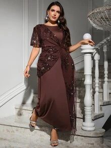 Reflora Plus Size Women's Sequin Casual Party Dress - Brown - View 4