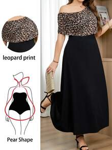 SHEIN Clasi Elegant Minimalist Plus Size Women's Leopard Print Asymmetric Neck Dress Formal Birthday Wedding Guest Black Summer - Black - View 8