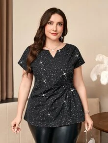 Reflora Plus Size Women's Shiny Casual Versatile Short Sleeve Shirt For Daily Wear - Black - View 6