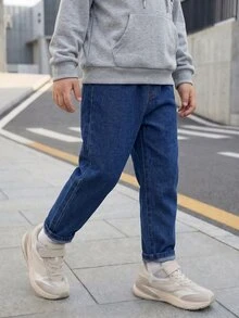SHEIN Vintaside Kids 男童牛仔長褲，四季新款，時尚休閒，藍色嬰兒洗水牛仔，彈性腰帶，破舊洗水工藝，錐形腿剪裁，冬季 - 深色水洗藍 - 查看 7