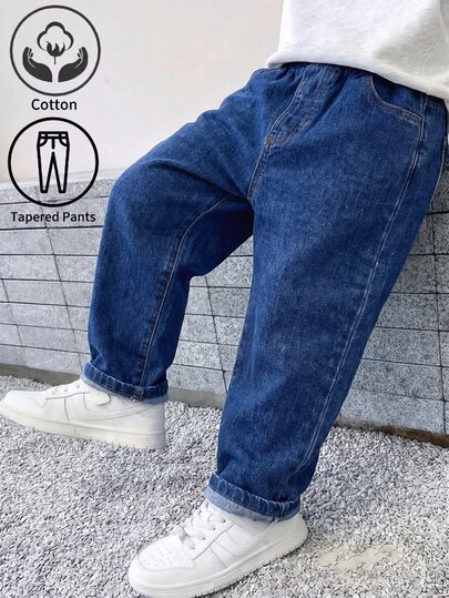 SHEIN Vintaside Kids Celana Jeans Denim Anak Laki-Laki, Gaya Baru Sepanjang Musim, Modis dan Kasual, Denim Biru Tua dengan Efek Usang, Pinggang Elastis, Kombinasi Proses Pencucian Denim yang Terkesan Usang, Potongan Kaki Meruncing, Kain Lembut dan Nyaman, Serbaguna untuk Pemakaian Sehari-hari, Jalan-jalan, Acara Kumpul-kumpul, dan Lainnya, Celana Jeans Denim Anak Laki-Laki Gaya Baru Sepanjang Musim