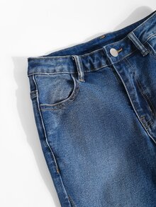 SHEIN Genkimix Kids 女童復古高腰深藍色喇叭牛仔褲，Tween Girl彈性修身毛邊牛仔褲，蝴蝶毛邊刺繡、貼花刺繡，適合秋冬、休閒、校園、開學季 - 中等水洗藍 - 查看 5