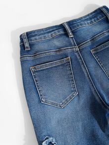 SHEIN Genkimix Kids 女童復古高腰深藍色喇叭牛仔褲，Tween Girl彈性修身毛邊牛仔褲，蝴蝶毛邊刺繡、貼花刺繡，適合秋冬、休閒、校園、開學季 - 中等水洗藍 - 查看 9