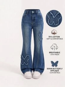 SHEIN Genkimix Kids 女童復古高腰深藍色喇叭牛仔褲，Tween Girl彈性修身毛邊牛仔褲，蝴蝶毛邊刺繡、貼花刺繡，適合秋冬、休閒、校園、開學季 - 中等水洗藍 - 查看 6