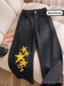 SHEIN Tween Girl Star Print Wide Leg Denim Jeans, Black Washed, Elastic Waist, Loose Straight, Autumn Fall Street Casual - Black - View 11